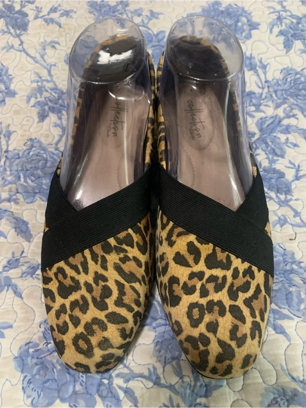 Clarks Leopard Print Slip-On Loafers with Black Elastic Cross Strap
